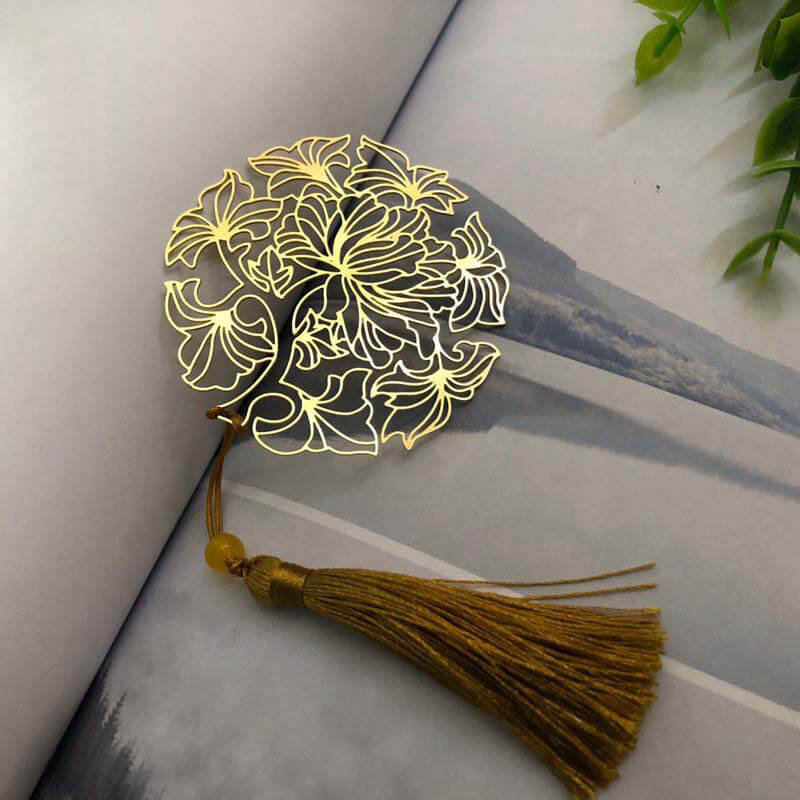 Twelve Flowers Tassel Brass Bookmark